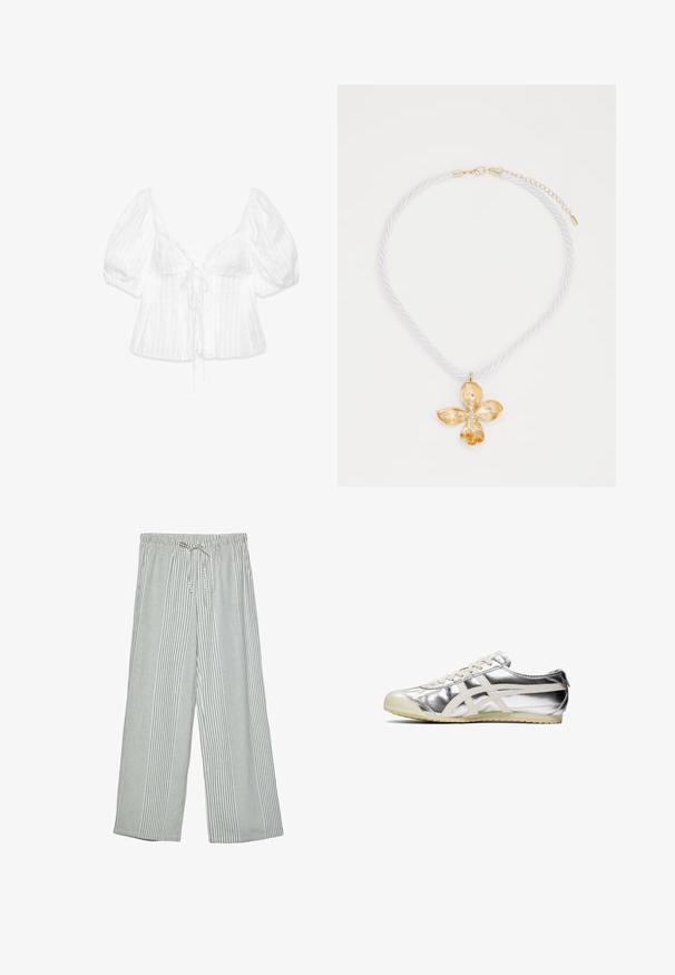 Valkoinen puskahihainen toppi, jossa on syvä V-kaula-aukko, teksturoitu kangas, nauhavyö etupuolella ja pystysuuntainen raidoitus.; Keve, széles szárú nadrág zöld és fehér függőleges csíkos mintával. Rugalmas derékpánttal rendelkezik, amely húzózsinórral záródik.; Hopeapintainen metallinen lenkkari valkoisilla yksityiskohdilla ja nauhoilla. Varustettu teksturoidulla pinnalla, pyöristävällä kärjellä ja kumipohjalla, jossa on kuvioita pitoa varten.; Kultaista kukkamuotoista riipusta, jossa on teksturoituja terälehtiä, kiinnitetty kierrettyyn valkoiseen kaulaketjuun, jossa on solki ja jatkoketju.