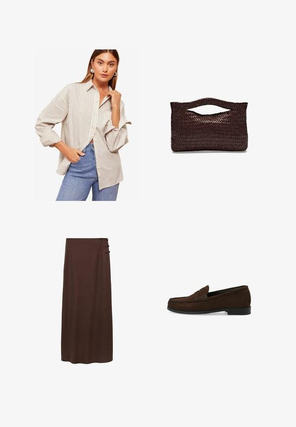 Stribet skjorte i beige og hvid, med lange ærmer med opremsede manchetter, krave og en afslappet pasform. Båret med blå jeans.; Brun, gulvlængde nederdel lavet af blødt materiale. Har tre dekorative knapper på siden nær taljen. Enkel, udekoreret design.; Brune ruskinds loafers med en syet mokkasintå, flad sort gummisål og en dekorativ toprem og detalje.; Vævet brun læderhåndtaske med et afrundet topgreb og en åben silhuet, der har en struktureret overflade og et elegant, minimalistisk design.