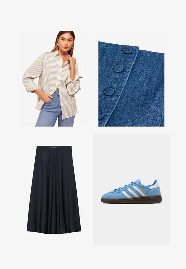 Camicia a righe button-up beige e bianca, con maniche lunghe e polsini arrotolati, colletto e vestibilità rilassata. Indossata con jeans blu.; Tessuto di denim di colore blu scuro con una finitura testurizzata. Presenta bottoni rotondi rivestiti in tessuto lungo il bordo e un dettaglio di cucitura diagonale.; Gonna nera al ginocchio realizzata in tessuto leggero con un design fluido. Presenta una texture morbida e pieghe sottili per un tocco di dettaglio in più.; Sneakers in suede azzurro chiaro con strisce in pelle bianca, suola marrone texturizzata e dettaglio logo dorato. Design basso con punta tonda.
