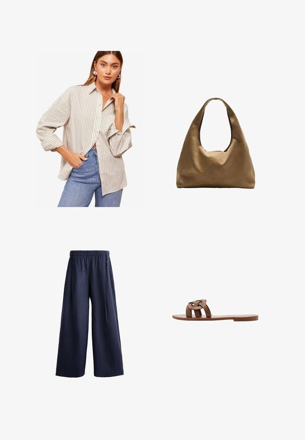 Striped button-up shirt in beige and white, featuring long sleeves with rolled cuffs, a collar, and a relaxed fit. Worn with blue jeans.; Navy wide-leg pants made from lightweight fabric with an elastic waistband and two side pockets, featuring a smooth texture and straight silhouette.; Brown flat sandals made of synthetic material featuring a braided strap design and a smooth, flat sole. No heel, minimalist aesthetic.; Brown fabric shoulder bag with a wide, rounded body and a large cutout handle. Soft texture, minimalistic design, and no visible hardware.
