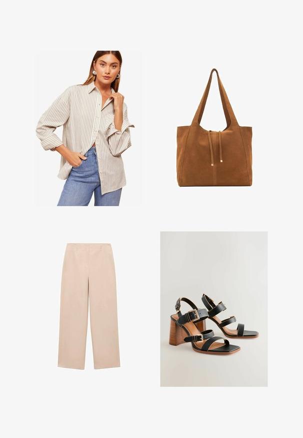 Stribet skjorte i beige og hvid, med lange ærmer med opremsede manchetter, krave og en afslappet pasform. Båret med blå jeans.; Beige bredde bukser lavet af glat stof, med flad front og bæltestropper, samt ingen synlige mønstre eller udsmykninger.; Sorte høyhælede sandaler med tre brede stropper og spænder i gulltone. Et firkantet tåparti og en struktureret træblokhæl fuldender designet.; Brun ruskinds-tote med to lange stropper, snørelukning og minimalistisk design. Glat tekstur og ingen synlige hardware-detaljer.