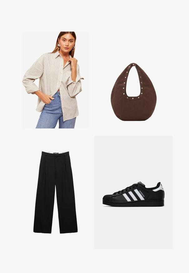 Stribet skjorte i beige og hvid, med lange ærmer med opremsede manchetter, krave og en afslappet pasform. Båret med blå jeans.; Bredde ben sorte bukser lavet af glat stof. Har frontfolder, en talje med bæltesløjfer og en skræddersyet silhuet.; Sort Adidas Superstar sneaker med hvide striber, skaletå og "Superstar"-tekst på siden, vist i sideprofil på hvid baggrund.; Brun tote taske med en buet form, udstyret med et stort udsnit håndtag dekoreret med sølvnitter langs kanten. Fremstillet af blødt stof.
