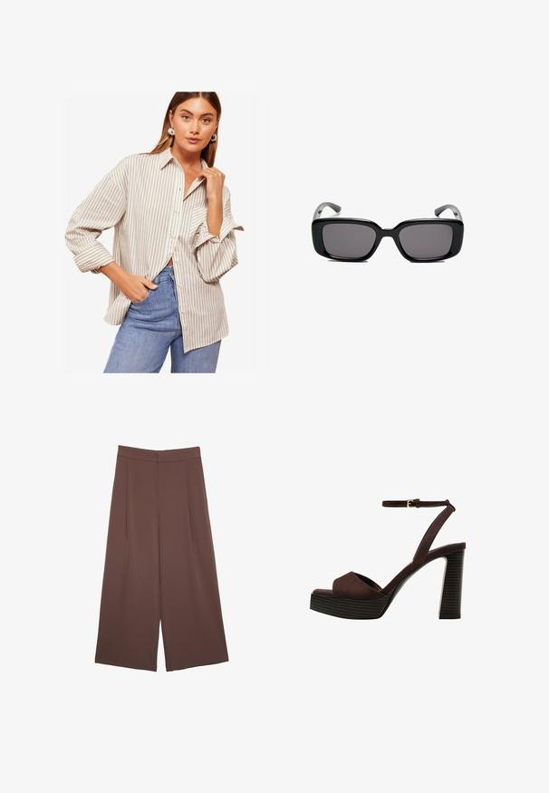 Gestreifte Freizeitbluse in Beige und Weiß, mit langen Ärmeln und umgeschlagenen Manschetten, einem Kragen und lockerer Passform. Getragen mit blauen Jeans.; Braune Weite-Leg-Hosen mit einer glatten Textur, hoher Taille und Vorderfalten. Der Stoff ist leicht und fällt locker.; Braune Wildleder-Pumps mit offenem Zeh, verstellbarem Knöchelriemen und gestreiftem Plateausohlen.; Schwarze rechteckige Sonnenbrille mit dunklen Gläsern, glattem Kunststoffrahmen und gebogenen Bügeln. Das Design ist klobig mit einer minimalistischen Ästhetik.