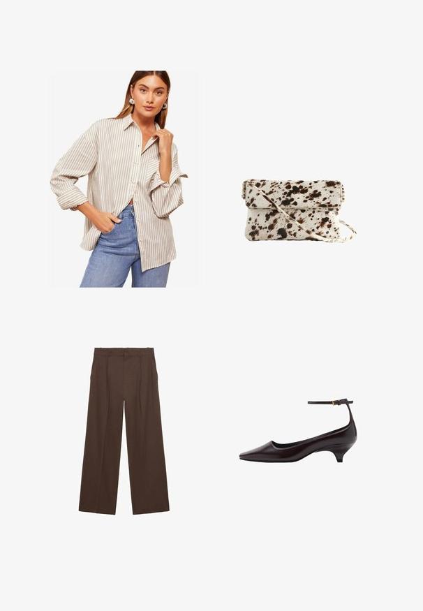 Prugasta srajca z gumbi v bež in beli barvi, z dolgimi rokavi in zavihanimi manšeti, ovratnikom in sproščenim krojem. Nosi se z modrimi kavbojkami.; Rjave široke hlače iz gladkega materiala, ki imajo visok pas, sprednje gube in dve stranski žepi.; Temno rjava usnjena čevlja s koničastim prstom in majhno peto, z ozkim gležnjenjem in majhno zlato zaponko.; Ročna torba iz kravjega usnja s kremasto podlago in temno rjavimi madeži, pravokotne oblike, zložljiv pokrov in odstranljiv ramenski trak.