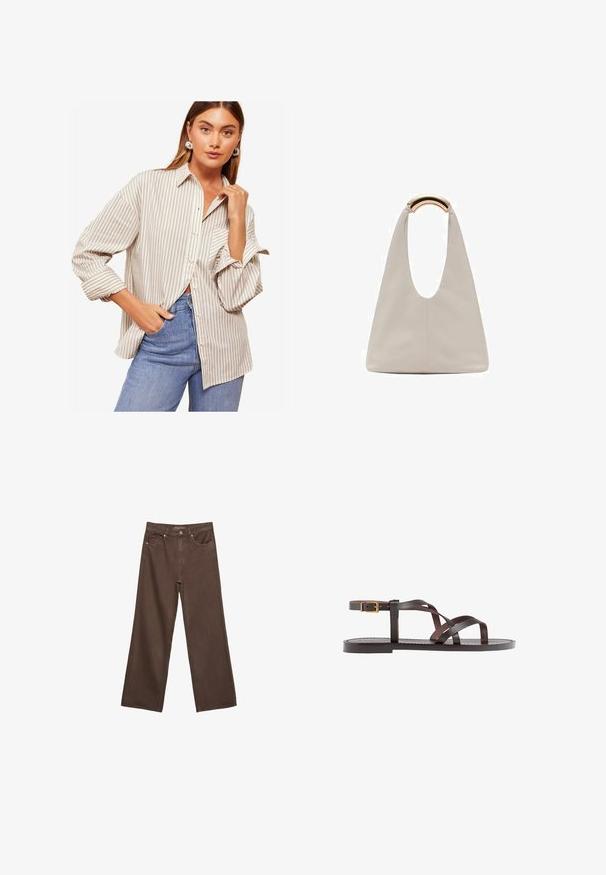 Raitapaitainen kauluspaita beige-valkoisena, jossa on pitkät hihat käännettyine hihoineen, kaulus ja rento leikkaus. Yhdistetty sinisiin farkkuihin.; Leviittävät ruskeat farkut, jotka on valmistettu denimistä, korkea vyötärö, etutaskut ja klassinen nappikiinnitys. Silkkinen pinta hienovaraisella ompelutyöllä.; Ruske kožne sandale s križnim trakama, zatvaranjem na kopču oko gležnja i ravnim potplatom s minimalnim detaljima šivanja.; Vaalea harmaa nahkalaukku, jossa on U-muotoinen muotoilu ja kaareva metallikahva. Suora pinta, jossa on minimaalinen ompelu ja ei näkyviä kuvioita.