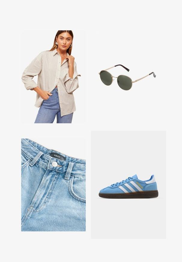 Camisa de botones a rayas en beige y blanco, con mangas largas y puños remangados, cuello y un ajuste relajado. Combinada con jeans azules.; Next Shorts vaqueros - mid blue denim; Zapatillas de ante azul claro con rayas de cuero blanco, suela texturizada marrón y detalle de logotipo dorado. Diseño de perfil bajo con puntera redondeada.; Gafas de sol redondas con montura metálica dorada y lentes verde oscuro. Las varillas presentan un diseño de carey para añadir un detalle extra.; Bolso de mano de piel sintética negra con textura acolchada, forma curvada, correa de cadena de plata y un pequeño logotipo en la parte frontal.
