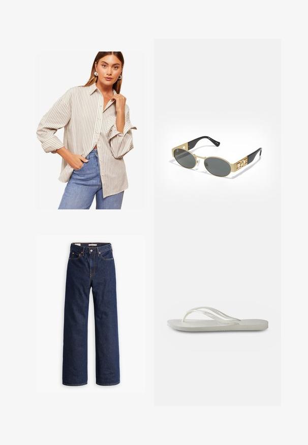 Svītrains poga krekliņš bēšā un baltā krāsā, ar garām piedurknēm un sarullētām aprocēm, apkakli un brīvu siluetu. Nēsāts ar ziliem džinsiem.; Tumši zili taisni džinsi ar piecām kabatām, oranžām šuvēm un pogu aizdari.; Bietes flip-flops ar teksturētu zoli, ar plānām siksnām un platu dizainu. Izgatavoti no gumijas ar smalku logotipu uz zoles.; Ovālas saulesbrilles ar zelta metāla rāmi un pelēkiem stikliem. Iespējas: melnas acetāta rokas ar zelta akcentiem un logo detaļām sānos.; Rozā zelta kaklarota ar gulbja piekariņu, rotāta ar caurspīdīgiem kristāliem. Ķēde ir izstrādāta ar smalku saites dizainu.