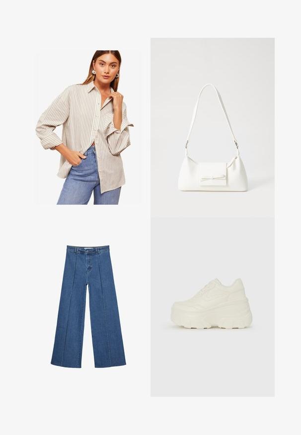 Prugasta košulja s dugim rukavima u bež i bijeloj boji, s podvrnutim manžetama, kragnom i ležernim krojem. Nošena s plavim trapericama.; Široke traperice u srednje plavoj boji, s visokim strukom, zatvaranjem na dugme i kontrastnim vertikalnim šavovima duž prednje strane.; Bijele platformske tenisice s glatkim gornjim dijelom koji nalikuje koži, zaobljenim oblikom, podstavljenim okvirom i teksturiranim gumeni potplat s definiranom profilacijom.; Bijela sintetička torbica s trokutastim oblikom, ravnim prednjim poklopcem i detaljem u obliku mašne, podesivom remenom, glatkom teksturom i minimalističkim dizajnom.
