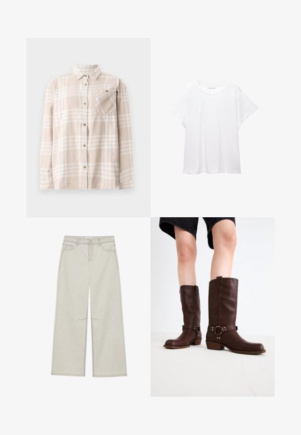 Cămașă cu mâneci lungi, în carouri bej și alb, cu guler și buzunar pe piept, expusă plat pe un fundal alb.; Tricou alb dintr-un material moale și ușor. Prezintă un decolteu rotund și mâneci scurte, largi, cu un croi lejer. Fără modele vizibile.; Pantaloni gri deschis cu picioare largi, dotati cu cinci buzunare, închidere frontală cu buton și cusături în contrast pe căptușeală. Materialul pare a fi moale și durabil.; Cizme din piele maro, până la genunchi, cu vârf rotunjit, suprafață texturată, curea la gleznă și detalii din metal argintiu; toc înălțat.
