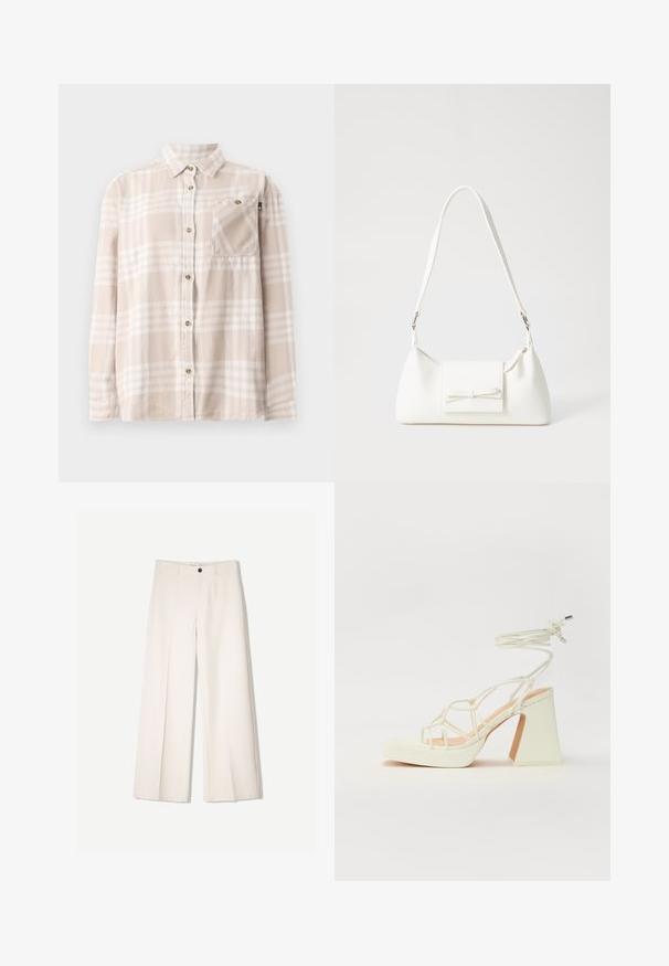 Bež in bel karo dolgo sleeved srajco s kragnjo in žepom na prsih, prikazano na beli podlagi.; Kremne široke hlače s krojem, ki vključujejo dve sprednji žepi in en sprednji gumb za zapiranje, izdelane iz gladkega blaga.; Bela sandala na visokih petah s debelim petam, ki ima obliko trakcev in vezanje okoli gležnja. Gladka tekstura z platformo spredaj za dodatno višino.; Bela sintetična torbica v obliki trikotnika, z ravnim sprednjim poklopcem in detajlom mašne, nastavljivim trakom, gladko teksturo in minimalističnim dizajnom.