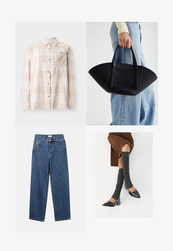 Cămașă cu mâneci lungi, în carouri bej și alb, cu guler și buzunar pe piept, expusă plat pe un fundal alb.; Jeans clasice din denim albastru, cu un design drept, cinci buzunare și închidere cu nasture. Prezentând o spălare medie și o textură rezistentă.; Pantofi negri din piele lacuită, cu vârful ascuțit, toc bloc și curea la glezna, asortați cu jambiere gri cu nervuri și o fustă din suede maro.; Geantă de piele neagră cu o formă unică de evantai, având mânere plate. Suprafața are o textură cu mici granule și un design minimalist.