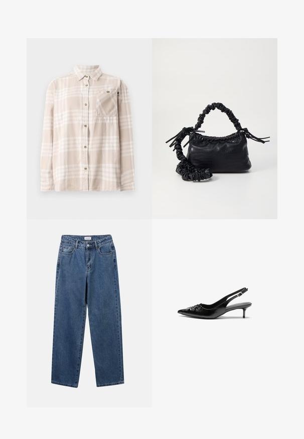 Beeži ja valge ruuduline pikka varrukat jagav nuppupait, millel on krae ja rinnatasku, esitatud tasapinnal valgel taustal.; Klassikalised sinised denimists teksad otsejalaga disainiga, viie taskuga ja nööbisuletusega. Omab keskmist pesu ja tugevat tekstuuri.; Musthave nahkased kõrged kontsad, millel on terav varvas, väike kitten-kont ja dekoratiivne sõlm ees. Ühtlane sile tekstuur.; Must must sünteetilisest nahast käekott, millel on krokodillimuster, kokku tõmmatav ülaosa ja kortsus rihm. Tundub pehme ja kompaktne disain.