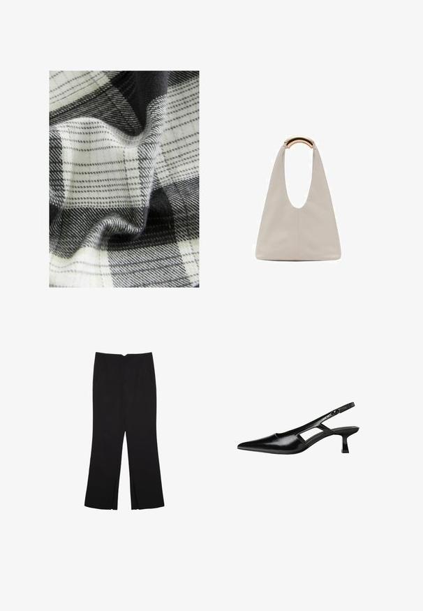 Tessuto tessuto con un motivo a quadri in bianco, nero e grigio, caratterizzato da texture varie e cadute morbide, che mostrano fibre delicate e superfici lisce.; Pantaloni neri a gamba dritta, con tasche frontali e spacchi laterali all'orlo. Realizzati in tessuto morbido e liscio. Adatti a diverse occasioni.; Tacchi slingback in pelle verniciata nera con punta affusolata, design con tagli laterali e tacco quadrato piccolo. Texture liscia con dettagli minimi.; Borsa in pelle grigio chiaro con design a forma di U e manico metallico curvo. Texture liscia con cuciture minime e senza motivi visibili.
