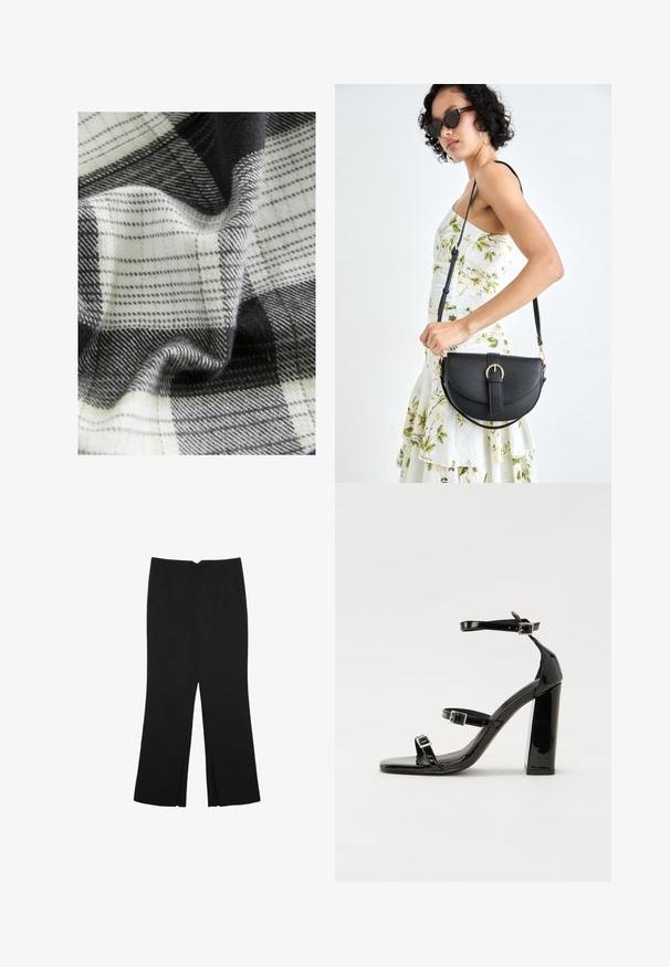Gewebe mit einem schwarz-weißen und grauen Karomuster, das verschiedene Texturen und Drapierungen aufweist und weiche Fasern sowie glatte Oberflächen zeigt.; Schwarze Hose mit geradem Schnitt, ausgestattet mit Fronttaschen und Seitenschlitzen am Saum. Hergestellt aus weichem, glattem Stoff. Geeignet für verschiedene Anlässe.; Schwarze Lackleder-Sandalen mit hohen Absätzen, zwei Riemen mit Schnallen, quadratischer Zehenpartie und klobigem Blockabsatz, mit einer glatten, glänzenden Textur.; Schwarze Lederhandtasche mit geschwungener Form, abnehmbarem Tragegurt und goldenen Beschlägen. Die Tasche verfügt über einen Deckel mit einer Schnallen-Details.