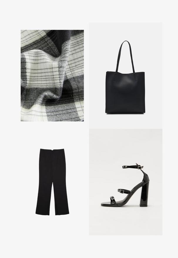 Tessuto tessuto con un motivo a quadri in bianco, nero e grigio, caratterizzato da texture varie e cadute morbide, che mostrano fibre delicate e superfici lisce.; Pantaloni neri a gamba dritta, con tasche frontali e spacchi laterali all'orlo. Realizzati in tessuto morbido e liscio. Adatti a diverse occasioni.; Sandali con tacco in vernice nera, con punta squadrata, cinturini alla caviglia e fibbie in argento. Presentano un tacco a blocco spesso per maggiore stabilità.; Borsa tote in pelle nera con texture liscia, forma rettangolare e due manici lunghi. Nessun hardware o decorazione visibile.