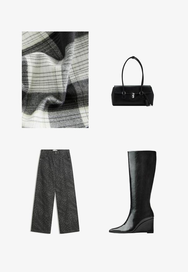 Material țesut cu un model în carouri alb-negru-gri, având texturi variate și o cădere elegantă, evidențiind fire moi și suprafețe netede.; Pantaloni largi din denim negru cu un model subtil de leopard, accente cu bărcuțe metalice pe talie și un design clasic cu cinci buzunare.; Cizme negre din piele, până la genunchi, cu vârf ascuțit și toc wedge. Suprafața este netedă, cu un finisaj lucios.; Geantă de umăr din piele neagră cu o textură netedă, design structurat, mânere duale și un detaliu cu închidere argintie în centru.