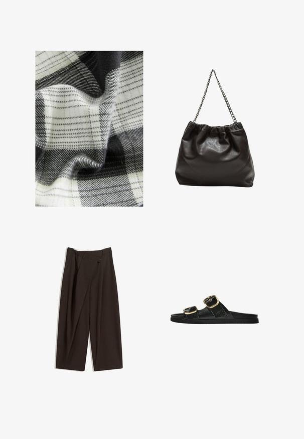 Vævet stof med et sort, hvidt og gråt ternet mønster, der har varierede teksturer og drapering, som fremviser bløde fibre og glatte overflader.; Mørkebrune brede bukser med høj talje, udstyret med en enkelt knaplukning og en plisseret front. Lavet af letvægtsstof.; Sort skridsandal med to guldspænder, glat tekstureret materiale, flad sål og et minimalistisk design.; Brun lædertaske med en rynket top og en kædestrop. Glat tekstur med en blank finish og subtile sømdetaljer på siderne.