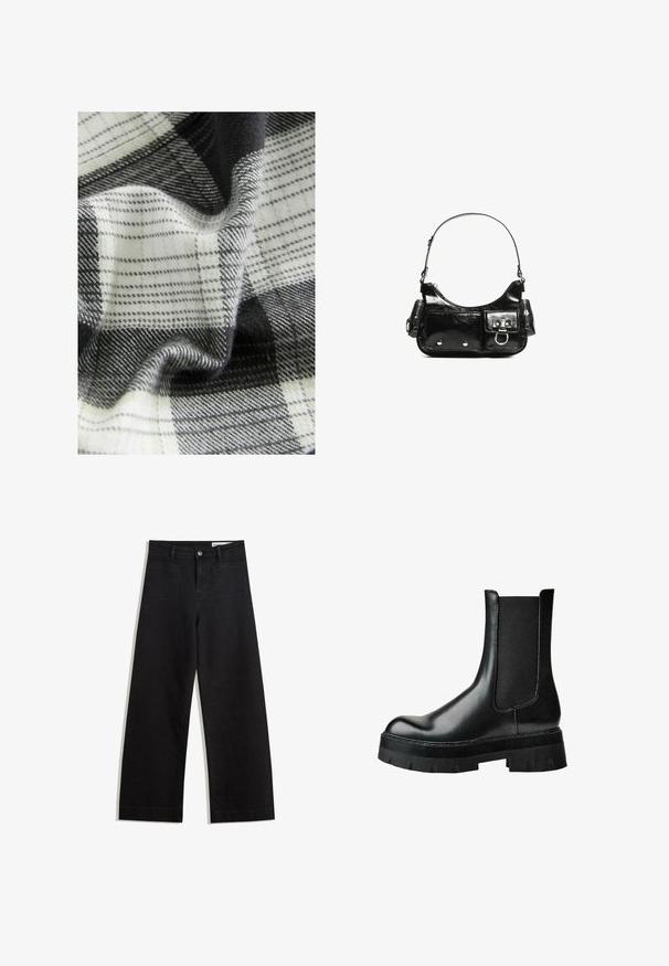 Tkani s uzorkom karirane tkanine u crnoj, bijeloj i sivoj boji, s različitim teksturama i krojenjem, prikazujući meke vlakna i glatke površine.; Crne široke traperice s visokim strukom, s prednjim i stražnjim džepovima, šivenim šavovima i kopčanjem na gumb. Glatka tekstura.; Crna kožna gležnjača s elastičnim bočnim panelom, okruglim vrhom, grubom platformskom potplatom i teksturiranom gornjom stranom za bolji hvat.; Crna patentna kožna torba s zakrivljenim oblikom, jednim remenom za rame, prednjim džepovima i akcentima od srebrnog tona.