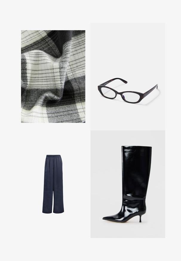 Vævet stof med et sort, hvidt og gråt ternet mønster, der har varierede teksturer og drapering, som fremviser bløde fibre og glatte overflader.; Marineblå brede bukser lavet af glat stof med elastisk talje og ingen synlige metaldele. Har en afslappet pasform og fuldlængde design.; Sorte læderstøvler til knæet med en blank finish, spids tå og en slank hæl. Glat tekstur med minimale design detaljer.; Katteøje briller med en blank mørk skildpadde plastisk ramme, der har buede arme og klare linser. Minimal branding på siden.