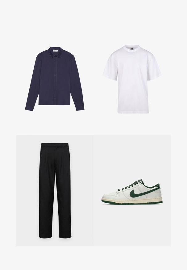 Granatowa koszula z długim rękawem, wykonana z gładkiego materiału, z zapięciem na guziki z przodu, z kołnierzykiem w kształcie spiczastym i lekko luźnym krojem.; Biała bawełniana koszulka z okrągłym dekoltem, krótkimi rękawami i luźnym krojem. Posiada prosty design bez wzorów czy akcentów.; Czarne spodnie wykonane z gładkiego materiału, z prostą nogawką, dwoma fałdami z przodu oraz standardowym paskiem z wypustkami na pasek.; Białe sneakersy niskie z ciemnozielonym logo Nike, sznurowadłami i akcentami na podeszwie, pokazane z profilu na jednolitym białym tle.