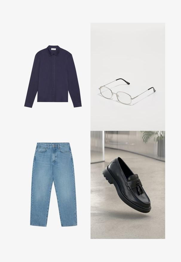Navy long-sleeve shirt made of smooth fabric, featuring a button-up front, pointed collar, and a slightly relaxed fit.; Light blue denim jeans with a straight-leg cut, five-pocket design, and a slightly faded texture. Features a button and zipper closure.; Black leather loafers with a smooth finish, decorative tassel, thick rubber sole, and stitched accents. Lightweight and sleek design.; Metal eyeglasses with an oval frame, silver bezels, and clear lenses. Slim, straight arms with black tips, minimalist design.