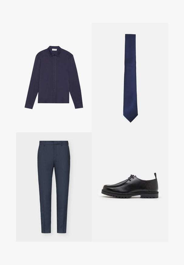 Marineblaues Langarmhemd aus glattem Stoff, mit Knopfverschluss vorne, spitzen Kragen und leicht lockerer Passform.; Marineblau zugeschnittene Hose mit glatter Textur, schmaler Passform, Mittelfalte und Gürtelschlaufen. Der Stoff weist ein dezentes gewebtes Muster auf.; Schwarze Leder-Schnürschuhe mit robustem Sohlenprofil und Zuglasche an der Ferse, von der Seite auf einem weißen Hintergrund gezeigt.; Marineblaue Krawatte mit einem strukturierten, diagonalen Streifenmuster. Das Design ist schlank mit einer spitzen Spitze und besteht aus einem glatten, gewebten Material.