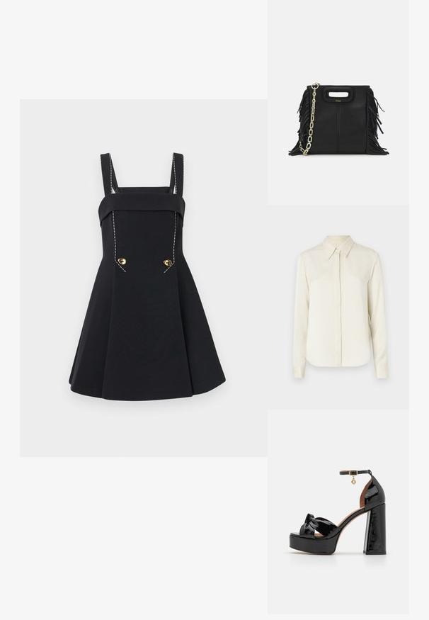 Tiger of Sweden CELSA - Camicia - ivory white; Abito nero con un corpetto aderente, spalline larghe e gonna plissettata. Presenta bottoni dorati e dettagli di cucitura bianca a contrasto.; Maje Sandali con tacco - noir; Borsa a tracolla in pelle nera con dettagli a frangia, catena dorata e manico ritagliato. Presenta il logo sulla parte anteriore.