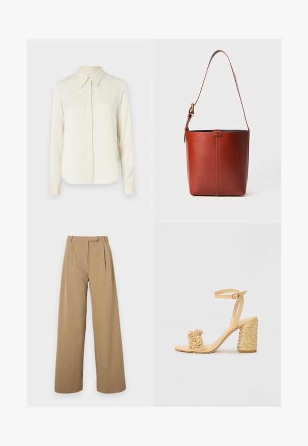 Tiger of Sweden CELSA - Button-down blouse - ivory white; Wide-leg trousers in a light brown, made of textured fabric. Features front pleats and a fitted waistband. Simple design with no visible hardware.; Beige high-heeled sandal with a braided texture, featuring a decorative flower and ankle strap. Square-shaped heel adds stability.; Brown leather bucket bag with adjustable shoulder strap and gold-tone buckle, simple vertical seam detail on front.