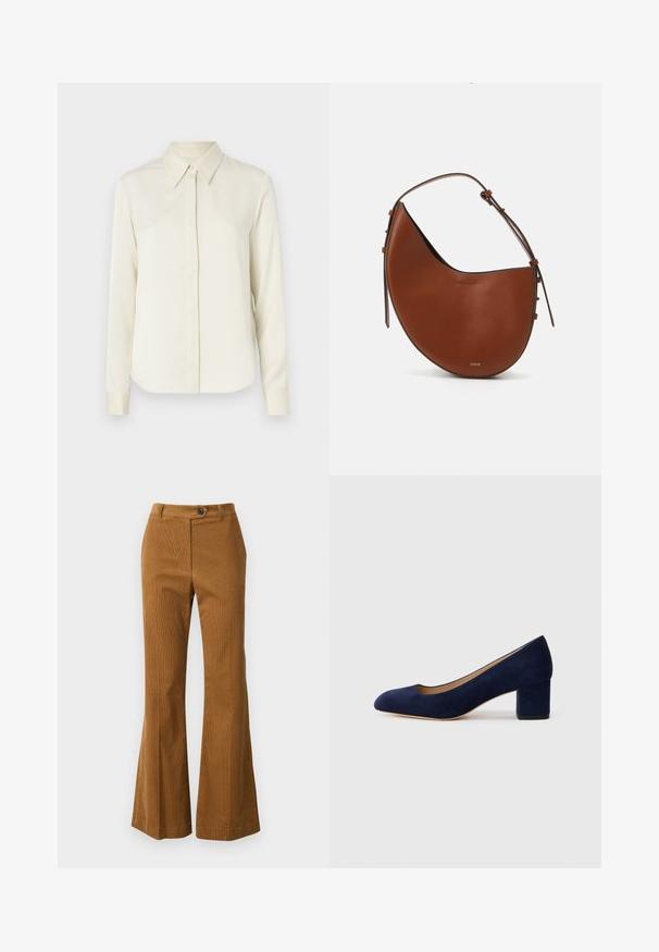 Tiger of Sweden CELSA - Overhemdblouse - ivory white; Bruine brede broek gemaakt van textuurstof, met een knoopsluiting en een strakke tailleband.; Navy blauwe suède pump met een spitse neus en een blokhak van gemiddelde hoogte. Glad oppervlak met een subtiele glans en een kleine uitsparing aan de voorkant.; Brune leren schoudertas in een halvemaanvorm, met een slanke bruine schouderband en subtiele gouden hardwareaccenten. Heeft een gladde textuur en minimale stiksels.