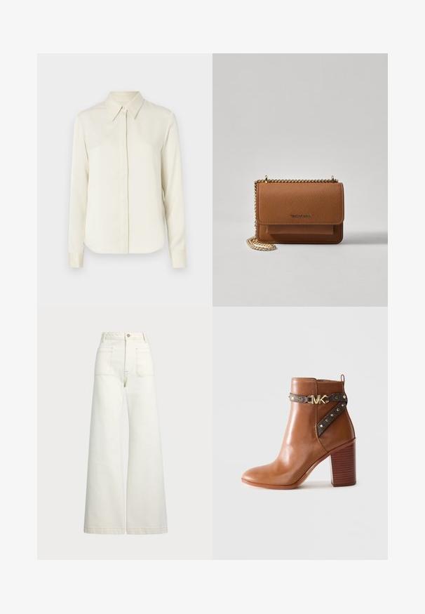 Tiger of Sweden CELSA - Hemdbluse - ivory white; Weite Jeans aus off-white Denim. Hoch tailliertes Design mit Knopfverschluss, zwei Fronttaschen und kontrastierenden Stickdetails.; Braunes Leder-Stiefelette mit gestapeltem Blockabsatz, seitlichem Riemen mit goldenen Nieten und einer goldenen "MK"-Logo-Schnalle.; Braune strukturierte Ledertasche mit goldener Kettenriemen und Klappenverschluss. Die Vorderseite zeigt ein Logo-Detail und eine Tasche unter der Klappe.