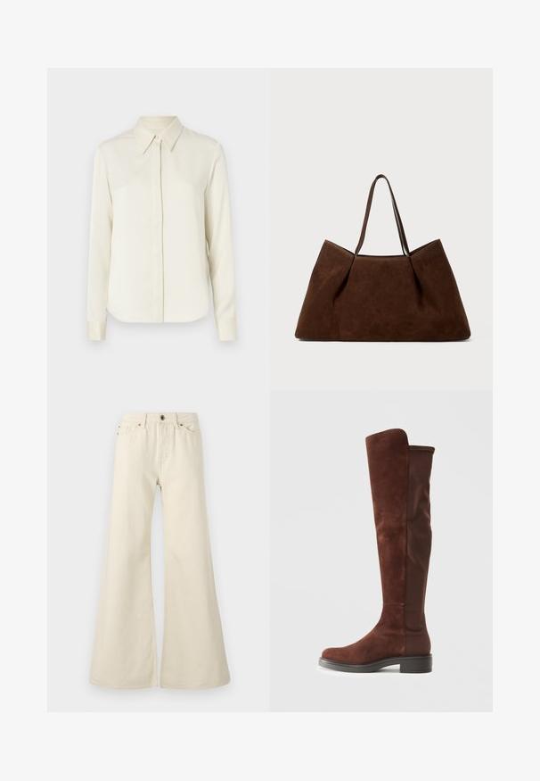 Tiger of Sweden CELSA - Button-down blouse - ivory white; Light beige flared jeans made of cotton. Features a high waist, five pockets, and a button closure with contrasting stitching details.; Tall brown suede and fabric boot with low black heel and rounded toe, shown in side view on plain white background.; Brown suede tote bag with two shoulder straps, a spacious rectangular shape, and minimalistic design. Soft texture with a smooth finish.