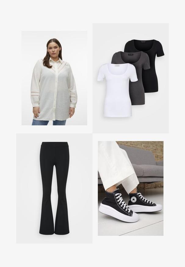 Camisa blanca de botón en tela texturada ligera, con intrincados detalles recortados en los hombros y las mangas, con un corte relajado.; Tres camisetas ajustadas en blanco, gris y negro. Cada una cuenta con un escote amplio y mangas cortas. Están hechas de una tela suave y elástica.; Pantalones negros de campana hechos de una tela elástica, con una cintura alta y una textura suave. Los pantalones se ensanchan desde la rodilla.; Zapatillas altas de lona negra con suelas y cordones de goma blanca. Presentan un logo circular en el lateral y costuras blancas en contraste.