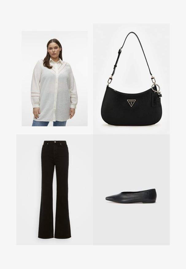 Witte button-up blouse van lichtgewicht textuurstof, met ingewikkelde uitsparingen op de schouders en mouwen, in een relaxte pasvorm.; Hoge taille zwarte flared jeans van denim, met een knoopsluiting, zijzakken en een gladde textuur.; Zwarte leren balletflat, puntige neus, minimalistisch design, gladde textuur, lage hak, geen zichtbaar beslag of versieringen.; Zwarte synthetische schoudertas met een gebogen silhouet, textuurafwerking, gouden driehoeklogo en afneembare hardwareaccenten.