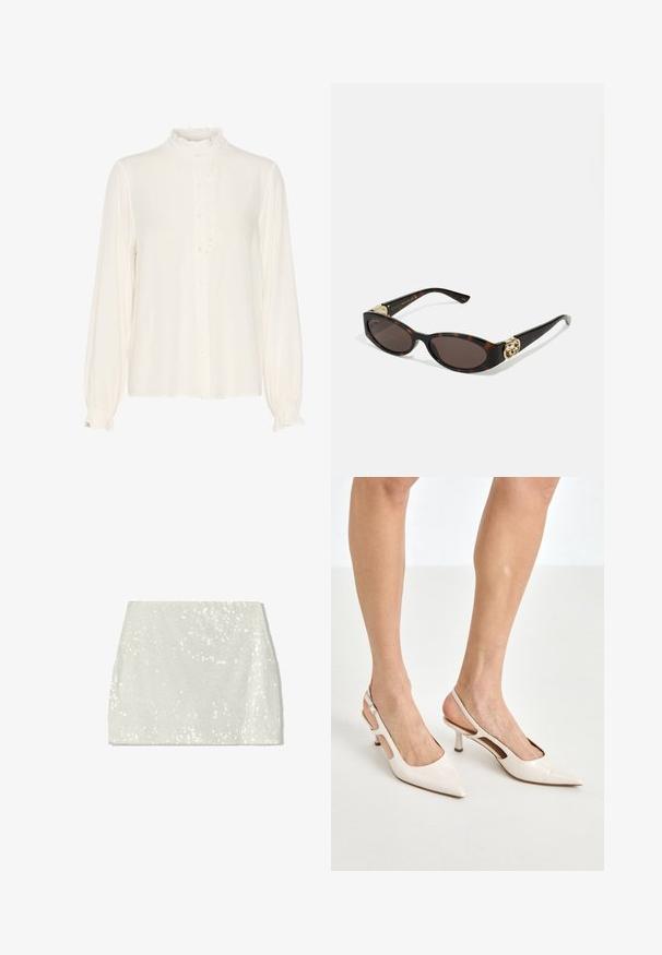 Valkoinen paita, joka on valmistettu sileästä kankaasta, jossa on poimutettu korkea kaulus, nappilista edessä ja pitkät hihat, joissa on kerätyt hihansuut.; Bershka A-linjainen hame - white; Beige patenttaja nahkaslingback-korkokengät, joissa on teräväkärkinen muotoilu ja 5 cm:n korko. Kenkäparissa on leikattuja reunoja ja ohut nilkkaremmi.; Silmärilakkiset tortoiseshell-aurinkolasit, joissa on pitkänomaiset ovaalit linssit, ruskea sävy, kultaiset logo-koristeet temppeleissä ja sulavalinjaiset mustat varret.; Kankaan vaalea olkalaukku, jossa on rento muotoilu ja yksi olkahihna. Pintarakenteessa on teksturoitu kuvio.; Lauren Ralph Lauren COLLAR - Kaulakoru - gold-coloured/white