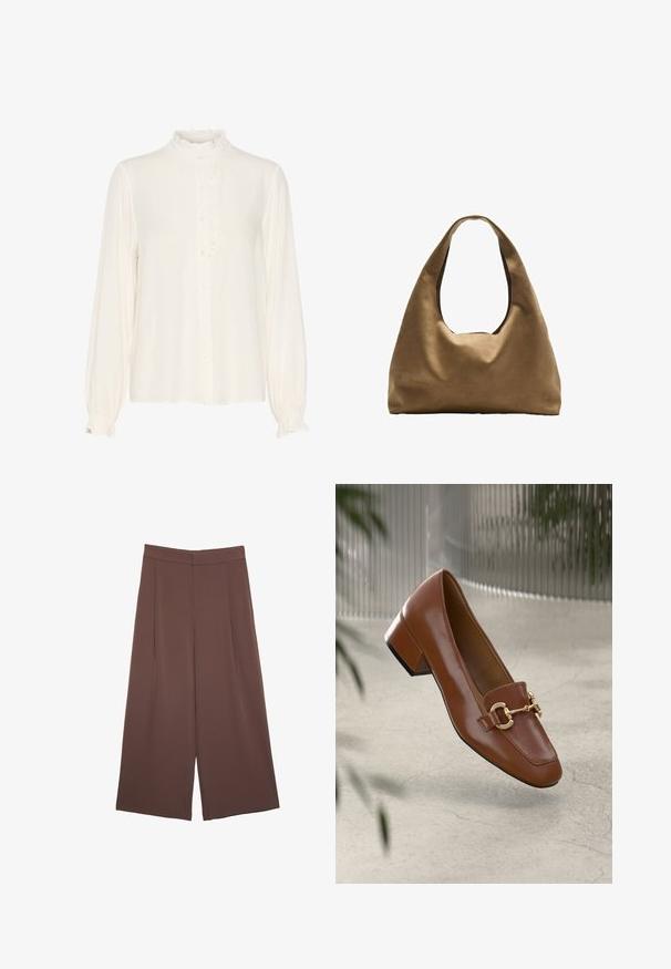 Blusa bianca in tessuto morbido, con colletto alto arricciato, chiusura frontale con bottoni e maniche lunghe con polsini arricciati.; Pantaloni ampi marroni con una texture liscia, caratterizzati da una vita alta e pieghe frontali. Il tessuto è leggero e scorre liberamente.; Mocassino in pelle verniciata marrone con punta quadrata, accentato da catena metallica e tacco basso; texture liscia, design minimalista.; Borsa a spalla in tessuto marrone con un corpo ampio e arrotondato e una grande maniglia a taglio. Texture morbida, design minimalista e senza hardware visibile.