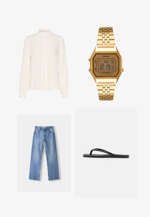 Weiße Bluse aus glattem Stoff, mit einem gerafften hohen Kragen, Knopfleiste und langen Ärmeln mit Bündchen.; Hellblaue Denim-Jeans mit geradem Bein, fünf Taschen, Knopfverschluss vorne und subtilen Verwaschungen für Textur.; Schwarze Flip-Flops mit minimalistischem Design, flacher Sohle, schmalen Riemen und glatter Textur. Keine zusätzlichen Muster oder Akzente.; Goldene Digitaluhr mit quadratischem Ziffernblatt, LCD-Display, Edelstahlarmband und Tasten an der Seite. Verfügt über eine wasserdichte Kennzeichnung.