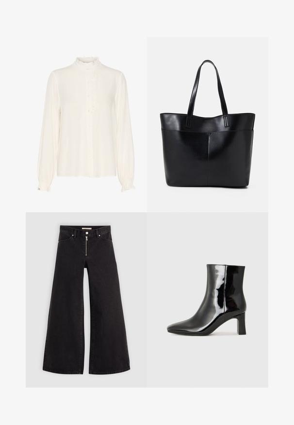 Hvid bluse lavet af glat stof, har en bølget høj hals, knaplukning foran og lange ærmer med samlede manchetter.; Vide ben jeans i sort denim med lynlås foran, fem lomme-design og subtile stikninger. Glat tekstur og afslappet stil.; Sort lakeret ankelstøvle med spids tå og en midt-højde blokhæl. Glat tekstur og minimalistisk design.; Sort læder tote taske med to lange håndtag, en glat tekstur og en struktureret form. Har en forlommem for ekstra opbevaring.