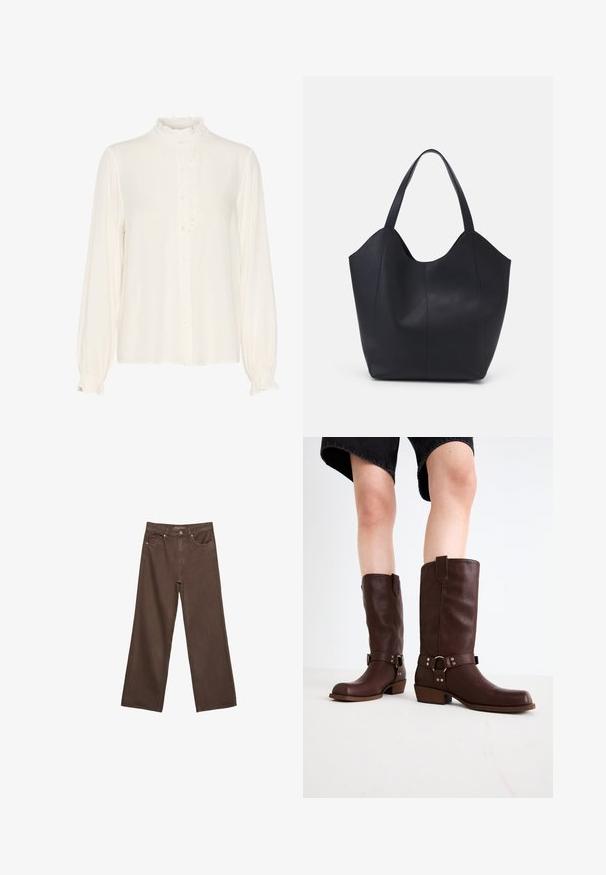 Biała bluzka z gładkiego materiału, z falbanii na wysokiej szyi, z przodu zapinana na guziki i długimi rękawami z bufkami.; Szerokie brązowe dżinsy wykonane z denimu, z wysokim stanem, przednimi kieszeniami i klasycznym zapięciem na guzik. Gładka faktura z subtelnym przeszyciem.; Brązowe skórzane kozaki do kolan z okrągłym noskiem, teksturowaną powierzchnią, paskiem w okolicy kostki i srebrnymi detalami; na platformie.; Czarna torba na ramię wykonana z gładkiej skóry, z zaokrąglonym, otwartym topem i dwoma paskami na ramię oraz minimalistycznym designem.