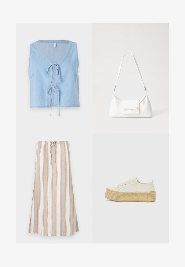 Gaiši zils džinsa veste ar V veida kaklu, bez piedurknēm un priekšpuse ar saišu aizdari. Tai ir sānu kabatas un īsa apakša.; Svītrainā svārki baltā un gaiši brūnā krāsā, ar aukliņu jostu un garu, plūstošu dizainu. Izgatavoti no viegla auduma ar brīvu piegriezumu.; Platformas kedas off-white audumā ar teksturētu, austu jūtu zoli. Iekļauj metāla acis un plakanu šņorējumu. Apaļa purngala dizains.; Balta sintētiska soma ar trīsstūrveida formu, plakanu priekšējo vāciņu un loku detaļu, regulējamu siksnu, gludu tekstūru un minimālistisku dizainu.