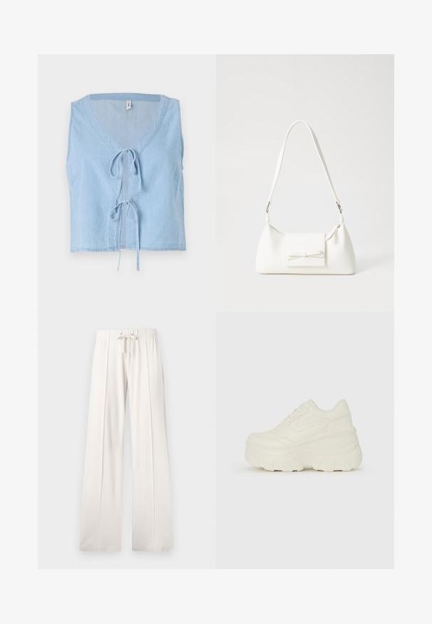 Colete de denim azul claro com decote em V, design sem mangas e fecho à frente com laço. Apresenta bolsos laterais e uma bainha cropped.; Calças de fato de treino beija claro, feitas de um tecido suave, com cintura elástica ajustável, pernas largas e costuras verticais, apresentando uma textura lisa.; Tênis brancos de plataforma com um cabedal suave semelhante a couro, formato arredondado, colarinho acolchoado e sola de borracha texturizada com ranhuras bem definidas.; Mala sintética branca com formato triangular, aba frontal plana e detalhe de laço, alça ajustável, textura suave e design minimalista.