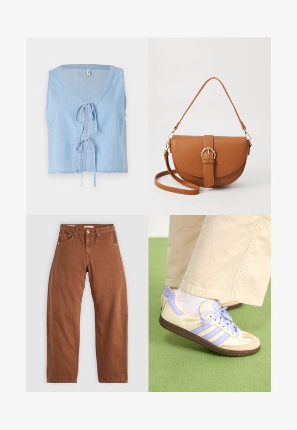 Helles blaues Denim-Weste mit V-Ausschnitt, ärmellosem Design und vorderem Bindeverschluss. Verfügt über Seitentaschen und einen cropped Saum.; Rostbraune gerade geschnittene Jeans mit Vorder- und Hintertaschen, Metallnieten, Knopfverschluss und Gürtelschlaufen, flach auf einem weißen Hintergrund ausgelegt.; Cremefarbene und lavendelfarbene Sneakers mit drei Streifen und einer strukturierten braunen Sohle, ausgestattet mit Schnürsenkeln und einer gepolsterten Ferse. Obermaterial aus weichem Stoff.; Braune Leder-Crossbody-Tasche mit geschwungener Form, goldfarbenen Beschlägen und einer Schnallenakzentuierung. Verfügt über einen abnehmbaren Schultergurt.