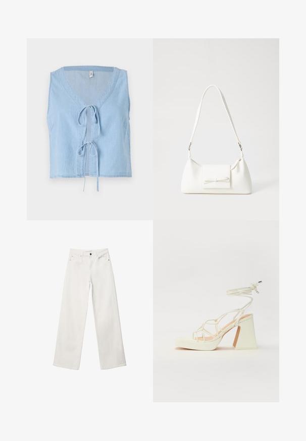 Svetlo modra jeans jakna z V-izrezom, brezrokavnim dizajnom in sprednjim zavezovanjem. Ima stranske žepke in skrajšan rob.; Beli široki trapezni kavbojke iz denima, ki imajo visok pas, dizajn s petimi žepi in kovinsko zapiranje. Gladka tekstura, brez vzorcev.; Bela sandala na visokih petah s debelim petam, ki ima obliko trakcev in vezanje okoli gležnja. Gladka tekstura z platformo spredaj za dodatno višino.; Bela sintetična torbica v obliki trikotnika, z ravnim sprednjim poklopcem in detajlom mašne, nastavljivim trakom, gladko teksturo in minimalističnim dizajnom.