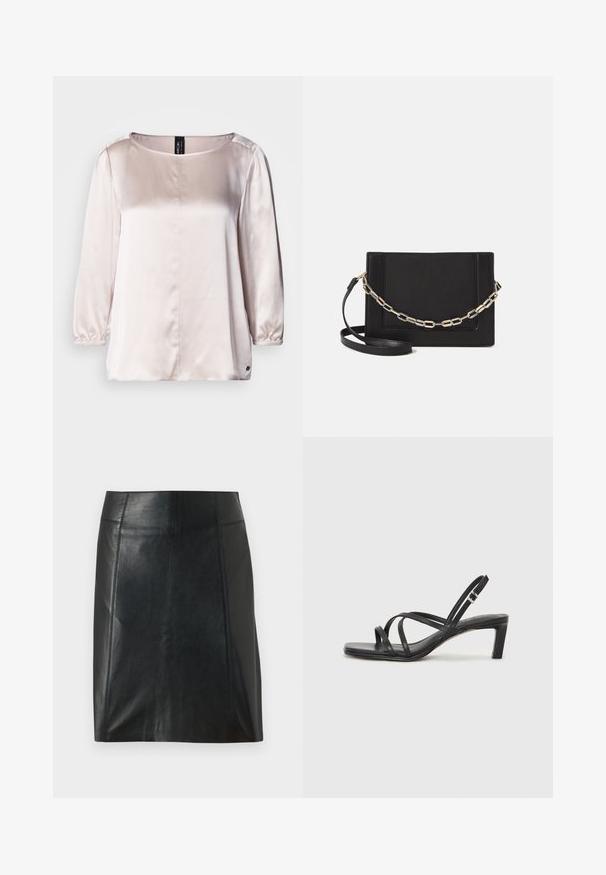 Blouse en satin rose clair avec un col rond, des manches trois-quarts, des poignets froncés et une couture centrale. Petit logo à l'ourlet.; Jupe en cuir noir au design ajusté. Texture lisse, coutures soulignant la forme et ourlet droit. Apparence minimaliste et élégante.; Sandale noire à lanières avec un bout carré et un petit talon bloc. Elle présente plusieurs fines lanières et une sangle de cheville ajustable. Fabriquée en cuir lisse.; Sac bandoulière en cuir noir avec une texture lisse, de forme rectangulaire et un détail en chaîne métallique à l'avant. Sangle réglable incluse.; Bague en argent à double bande avec une surface lisse et polie. Présente un design fluide et courbé avec des sections qui se chevauchent pour un look moderne.