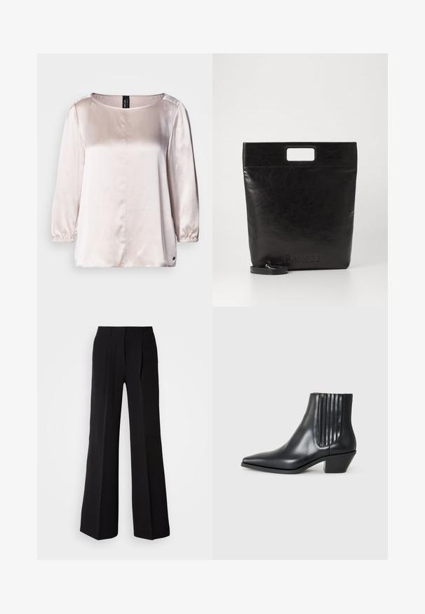 Világos rózsaszín selyemblúz, kerek nyakkivágással, háromnegyedes ujjal, karcsú mandzsettákkal és középső varrással. Kis logó az alján.; Fekete nadrág sima anyagból, magas derekú, bőszárú szabással, és két elülső pliszével a dizájn részletessége érdekében.; Fekete bőr bokacsizma hegyes orral, elasztikus oldalsó panelekkel, amelyek függőleges bemetszésekkel rendelkeznek, és alacsony blokk sarkú. Sima textúrájú és elegáns dizájn.; Fekete bőr bevásárlótáska négyzet alakú fogantyúval, texturált felülettel és dombornyomott logóval. Tartalmaz egy levehető pántot.