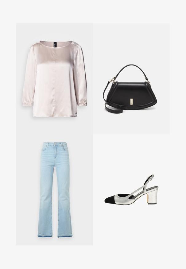 Bluză din satin roz deschis, cu decolteu rotund, mâneci trei sferturi, manșete căptușite și un detaliu cu cusătură pe centru. Logo mic la tiv.; Jeanși evazați de culoare bleu deschis, fabricați din denim, cu talie înaltă, buzunare frontale și margini brutale la mansete pentru un look casual.; Pantofi slingback argintii cu vârf negru, suprafață texturată și toc bloc. Prezintă laturi decupate și o curea ajustabilă pentru o potrivire optimă.; Geantă de umăr din piele neagră, cu un design structurat, având o formă tăiată, mânere superioare și accente din aur. Include o curea de umăr ajustabilă.
