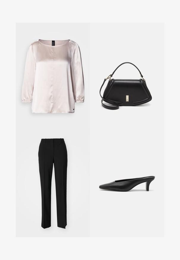 Blouse en satin rose clair avec un col rond, des manches trois-quarts, des poignets froncés et une couture centrale. Petit logo à l'ourlet.; Pantalon noir ajusté avec une coupe droite, présentant une texture lisse et des plis nets sur le devant. Aucune quincaillerie visible.; Mules en cuir noir à bout pointu avec un petit talon stiletto. Texture lisse, design minimaliste et dos ouvert pour un enfilage facile.; Sac à main en cuir noir avec un design structuré, featuring une forme cropped, une poignée supérieure et des accents en matériel doré. Bandoulière réglable incluse.