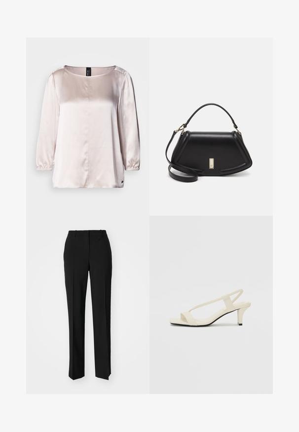 Satinbluse in Hellpink mit Rundhalsausschnitt, Dreiviertelärmeln, gerafften cuffs und einer Mittelnaht. Kleines Logo am Saum.; Schwarze, taillierte Hose mit geradem Bein, aus einem glatten Stoff und mit klaren Falten an der Vorderseite. Keine sichtbare Hardware.; Beige Blockabsatzsandalen mit dünnen Riemen und quadrater Spitze. Glattes Material mit minimalem Design, entworfen für einfaches Tragen.; Schwarze Lederhandtasche mit einem strukturierten Design, das eine verkürzte Form, einen oberen Griff und goldfarbene Hardware-Details aufweist. Verstellbarer Schulterriemen ist enthalten.
