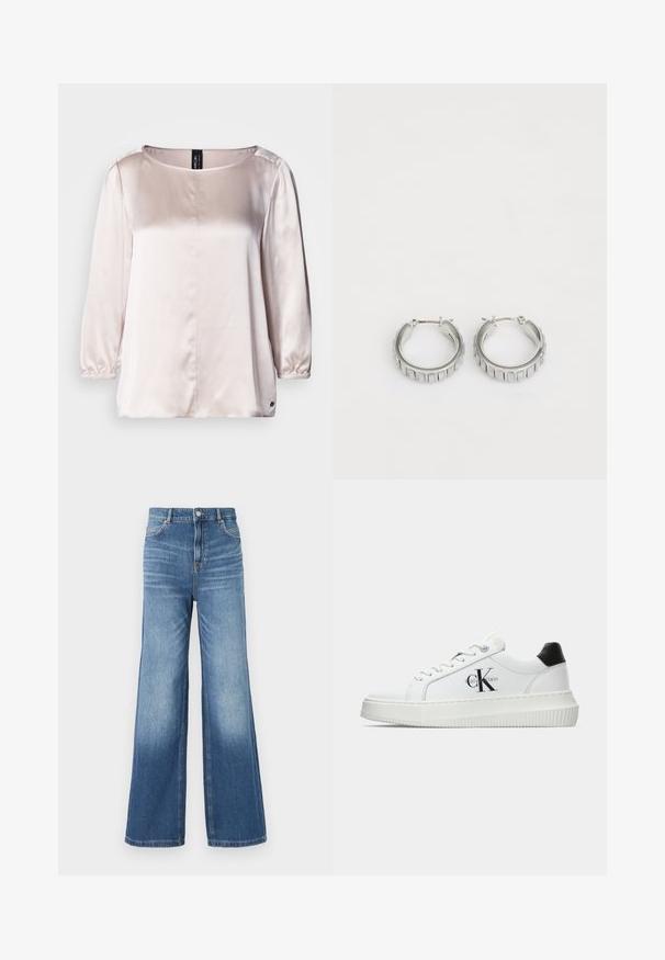 Satin blouse in light pink with a round neckline, three-quarter sleeves, gathered cuffs, and a center seam detail. Small logo at the hem.; Light blue denim wide-leg jeans with a high waistband, featuring five pockets, belt loops, and a subtle fade effect towards the hem.; White low-top sneaker with black heel tab, platform sole, laces, and Calvin Klein "CK" logo on the side.; Silver hoop earrings with a textured design featuring vertical ridges. Circular shape with a secure latch closure. Smooth finish.