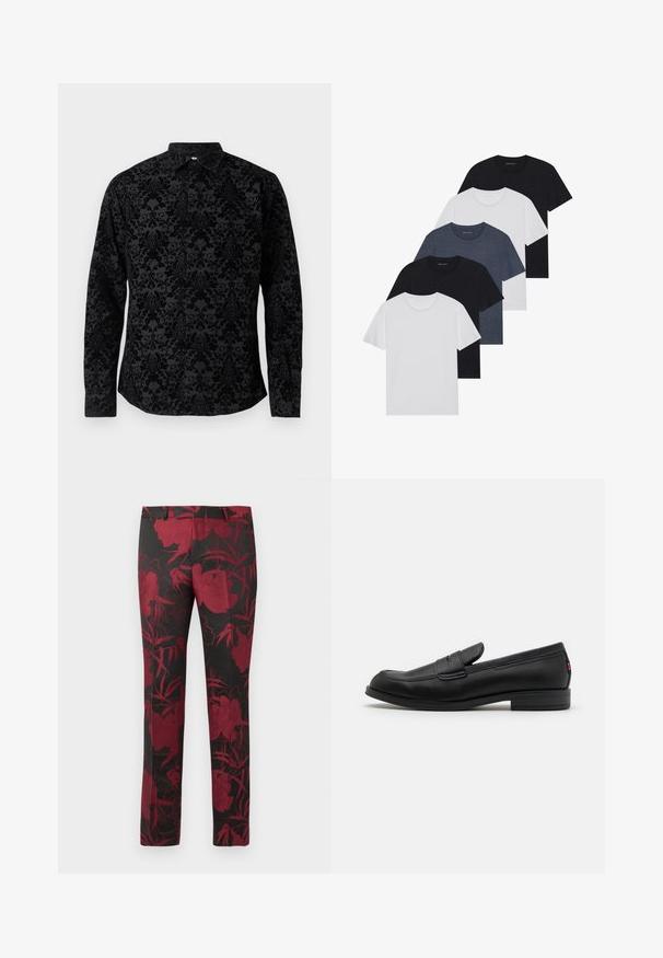Czarna koszula z długim rękawem, z teksturowanym wzorem damaskowym, klasycznym kołnierzykiem i zapięciem na guziki, wykonana z miękkiego materiału o gładkim wykończeniu.; Zestaw pięciu koszulek w kolorach czarnym, białym i granatowym. Wykonane z bawełny, z krótkimi rękawami, klasycznym dekoltem i gładką fakturą, bez wzorów.; Czarne spodnie z kwiatowym wzorem w ciemnoczerwonym kolorze, o gładkiej fakturze i dopasowanym kroju. Standardowy pas i prosta nogawka.; Czarne skórzane loafersy o gładkim wykończeniu, zaokrąglonym czubku i małym dekoracyjnym klapku. Posiadają niską, warstwową podeszwę oraz subtelny detal z brandingiem.