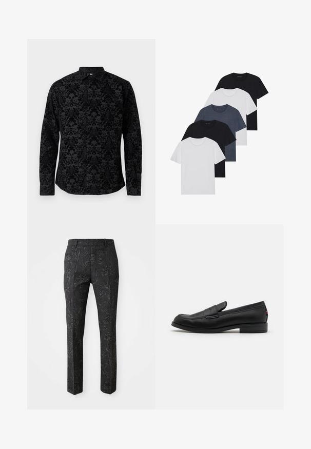 Cămașă neagră cu mâneci lungi, prezentând un model texturat de damasc, guler clasic și închidere cu butoane, realizată dintr-un material moale cu un finisaj neted.; Set de cinci tricouri în negru, alb și albastru închis. Fabricat din bumbac, cu mâneci scurte, design cu gât rotund și textură uniformă, fără modele.; Pantaloni gri închis cu un model floral embosat, croi ajustat, picioare drepte și o textură netedă. Prezintă un talie standard.; Mocasini din piele neagră cu un finisaj neted, vârf rotunjit și o mică clapetă decorativă. Au un toc joasă din lemn laminat și un detaliu de branding subtil.